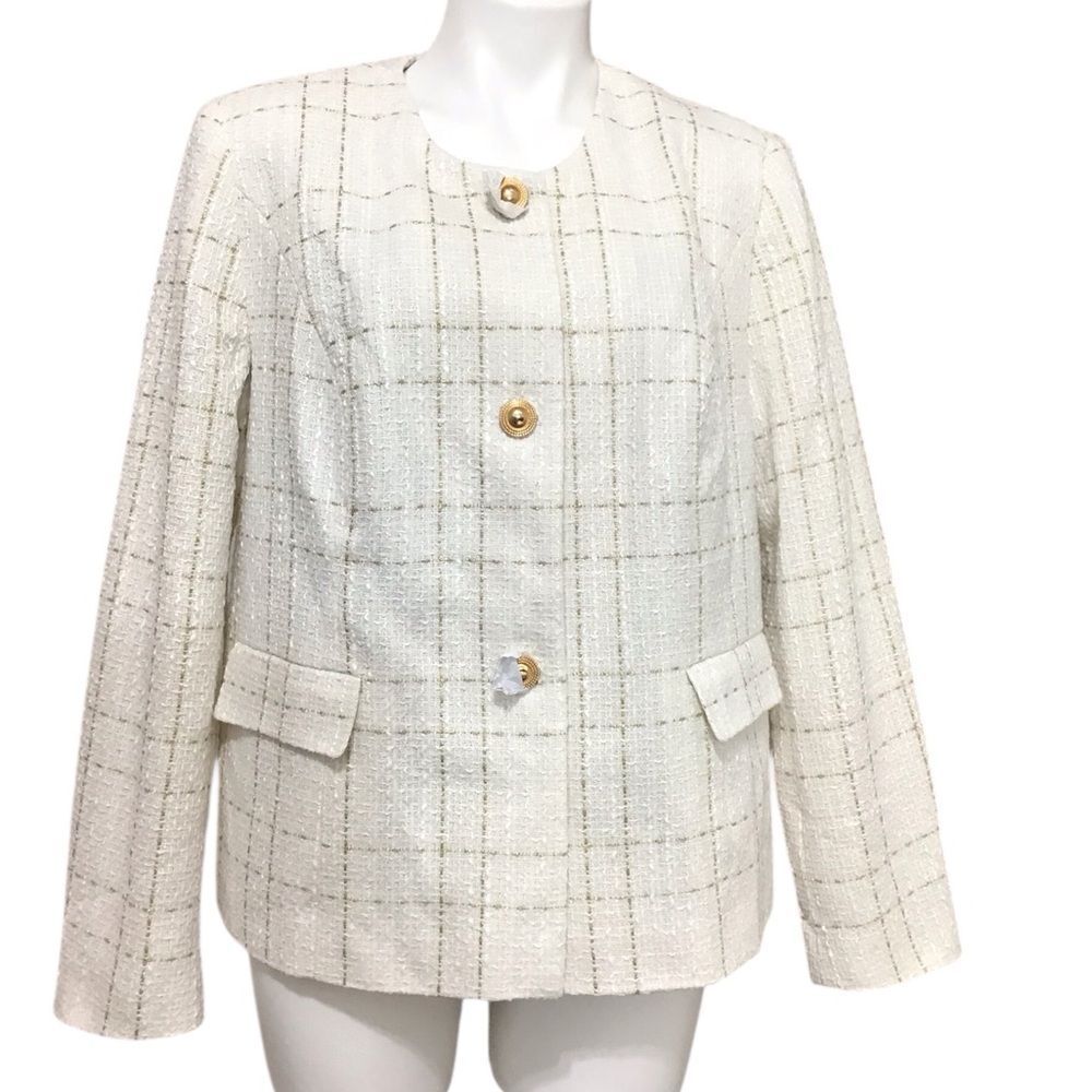 Fair Lady Cream Tweed Jacket Gold Metallic Stripes New Size 14 Plaid Blazer